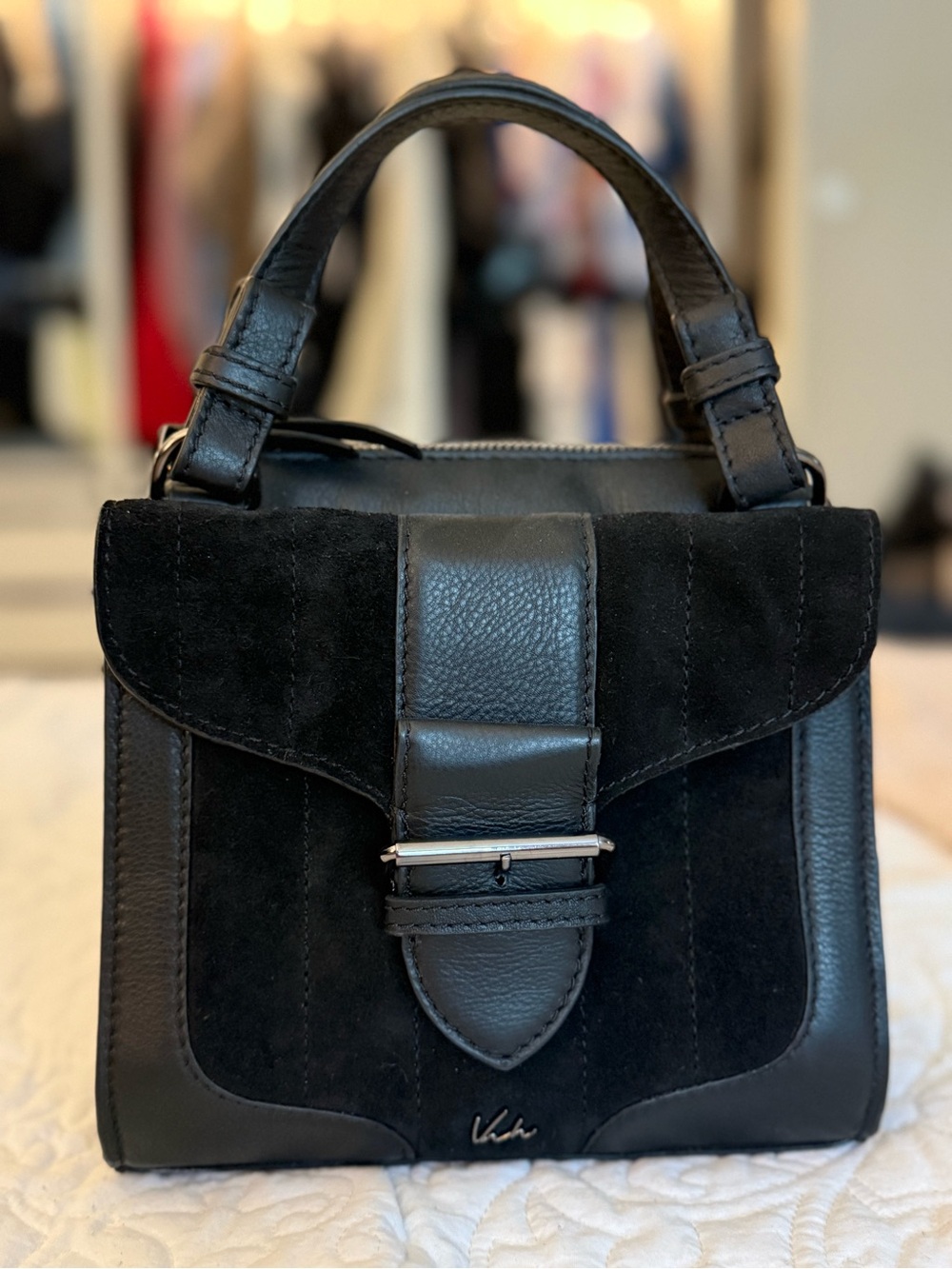 Black Suede Genuine Leather Bag with Black Rhodium Chain